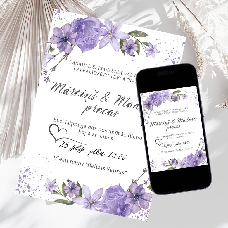 Digitāls kāzu ielūgums lillā toņos ar ziediem